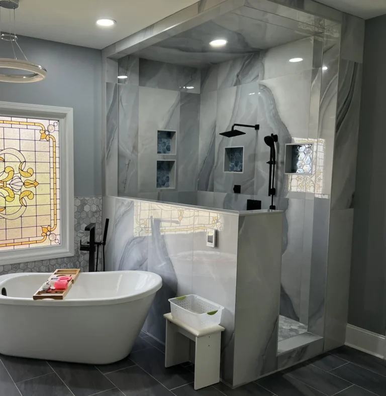 Remodeled master bath with stained-glass window, freestanding tub and marble steam shower, Charlotte area
