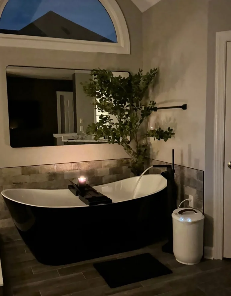 Remodeled master bath soaking tub in evening light